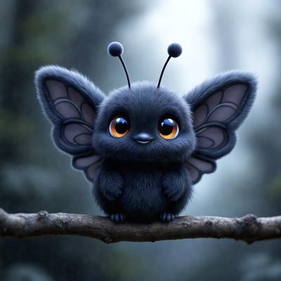 The primary subject of the image is a small, cute, and colorful butterfly-like creature sitting on a branch. The setting is a forest, with trees in the background. The visual style is a digital art or illustration, creating a whimsical and playful atmosphere. The colors are predominantly black and grey, with a touch of orange, giving the image a unique and charming appearance.